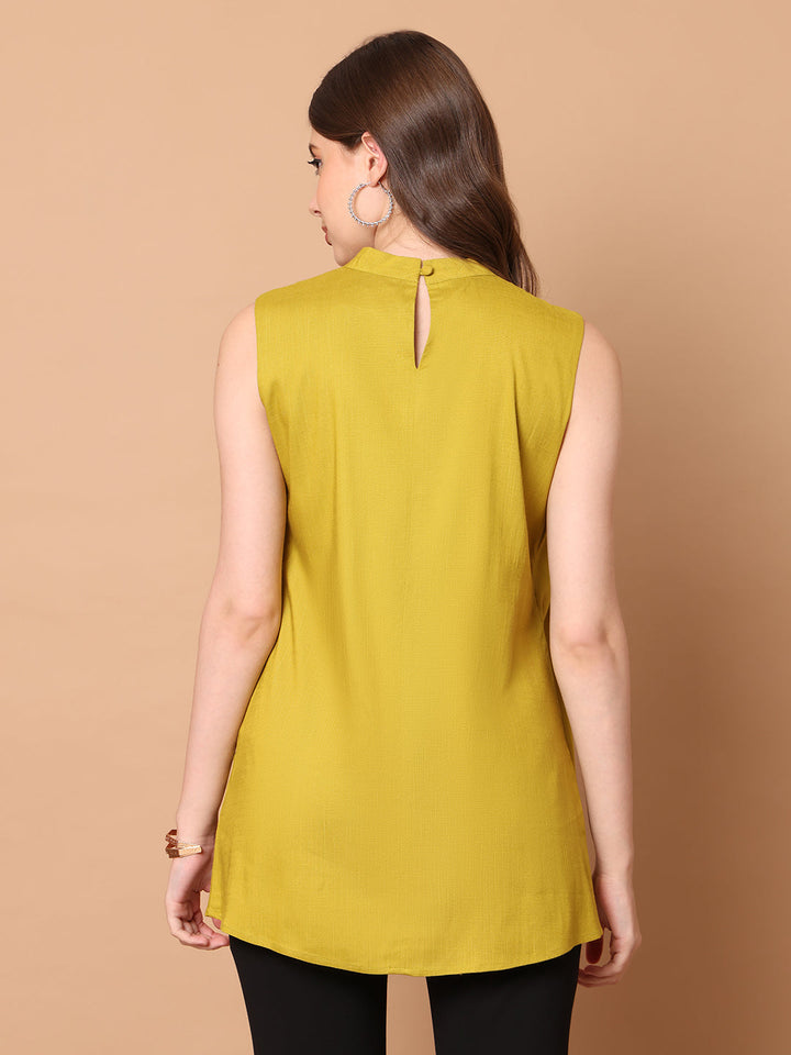 Lime-Green-Rayon-Layered-Looks-High-Neck-Layered-Top