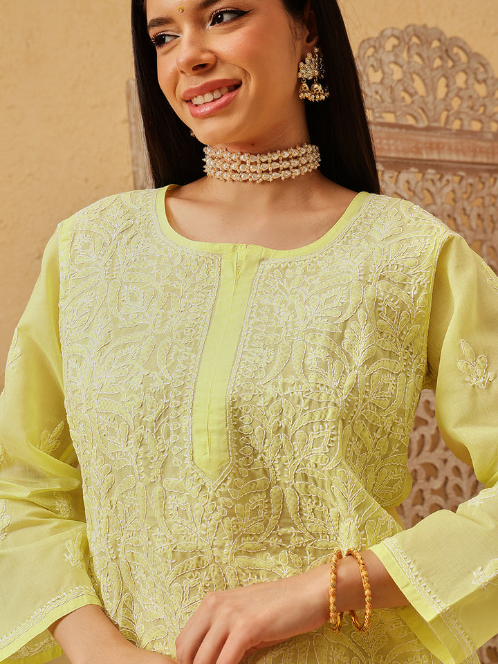 Lime-Green-&-White-Cotton-Chikankari-Tunic-Only