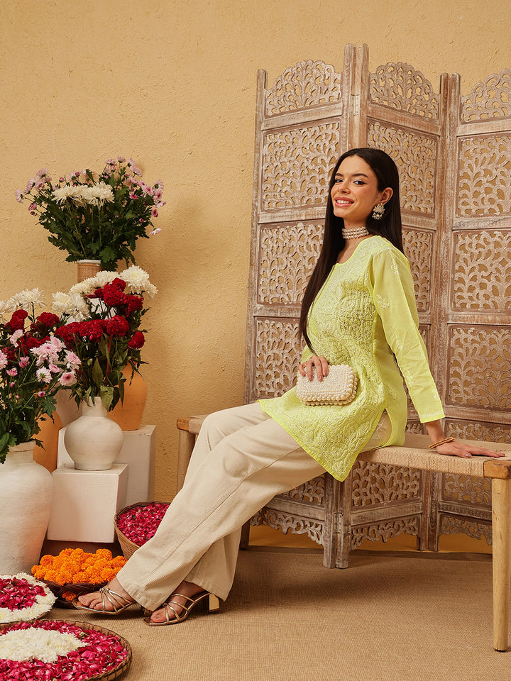 Lime-Green-&-White-Cotton-Chikankari-Tunic-Only