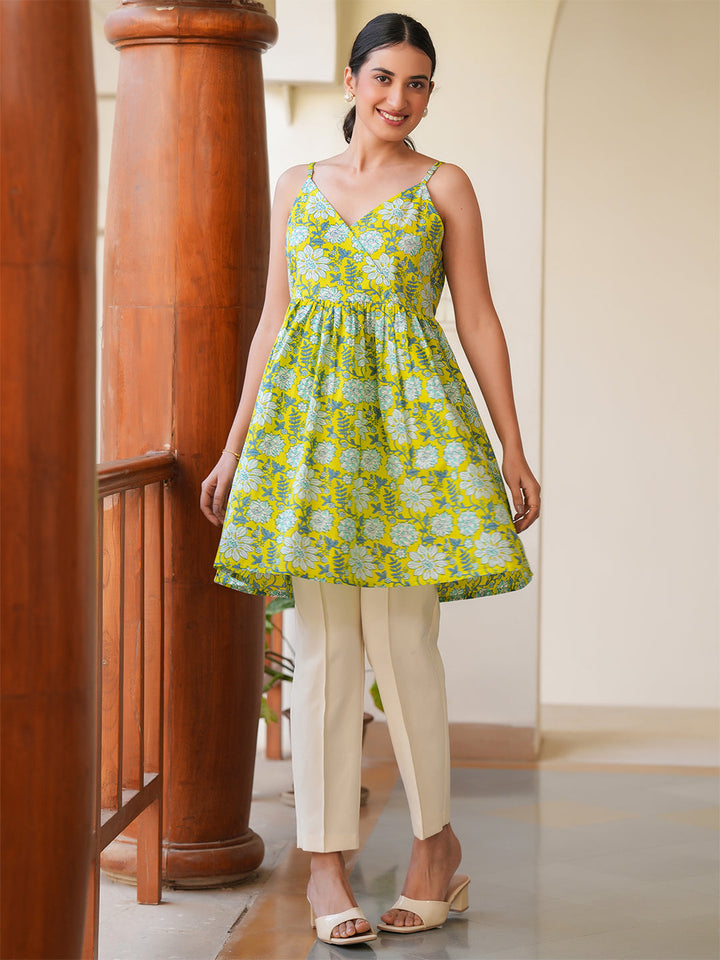 Lime Green Cotton All-Over Floral A-Line Tunic Only