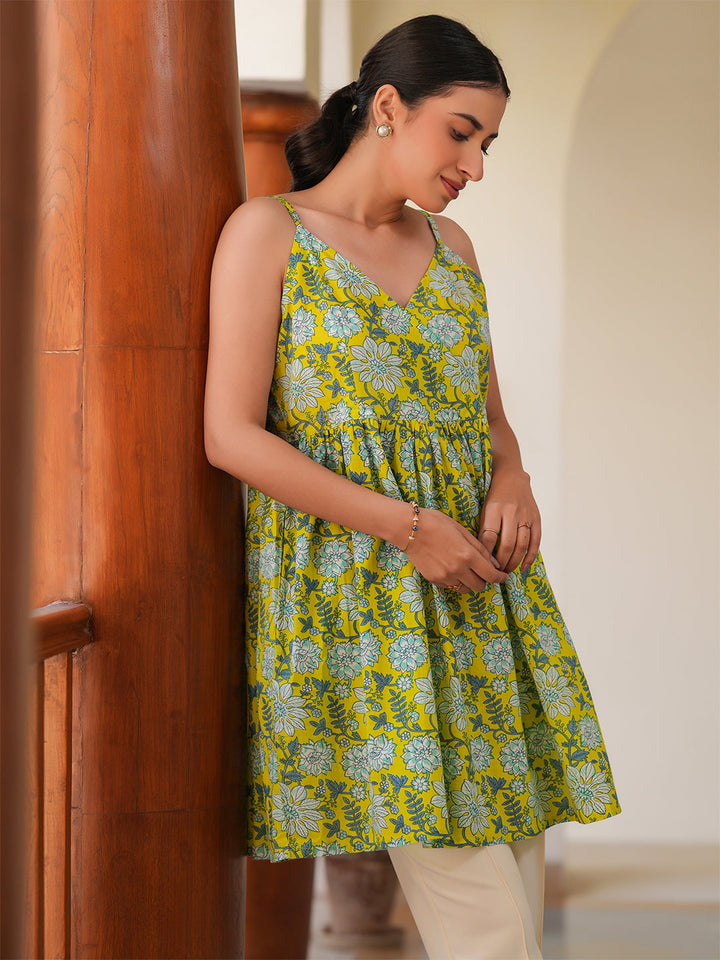 Lime Green Cotton All-Over Floral A-Line Tunic Only