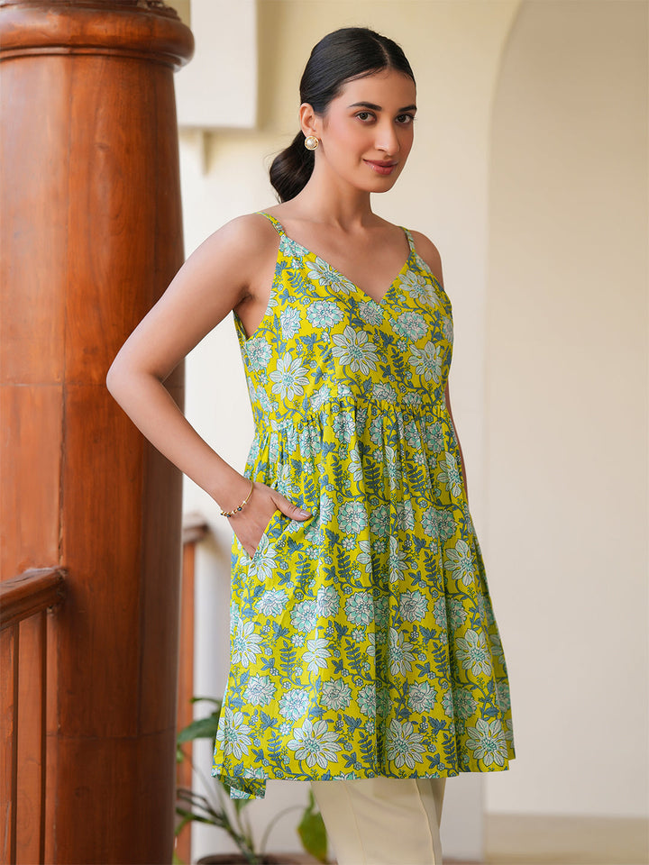 Lime Green Cotton All-Over Floral A-Line Tunic Only