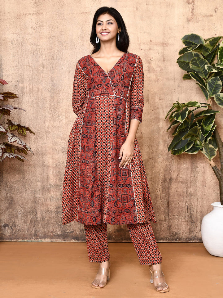 ZERESOUQ-Lissa-Red-Ajrakh-Cotton-Flared-2-Piece-Kurta-Set