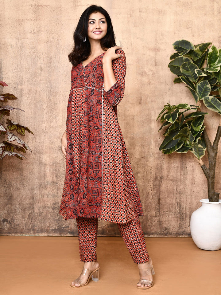 ZERESOUQ-Lissa-Red-Ajrakh-Cotton-Flared-2-Piece-Kurta-Set