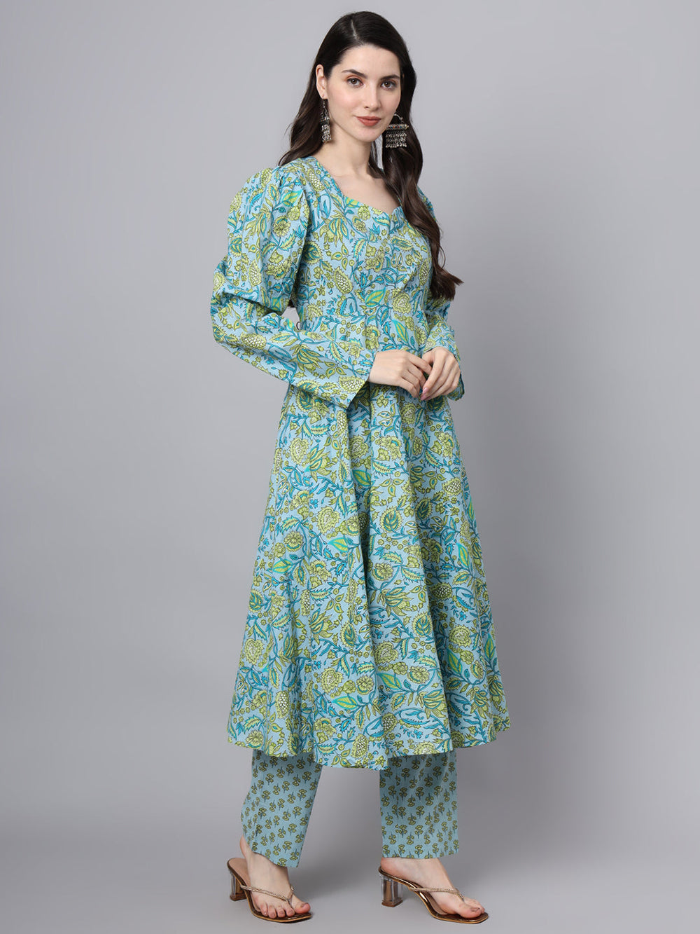 Teal-Green-&-Blue-Cotton-Floral-Printed-3-Piece-Kurta-Set