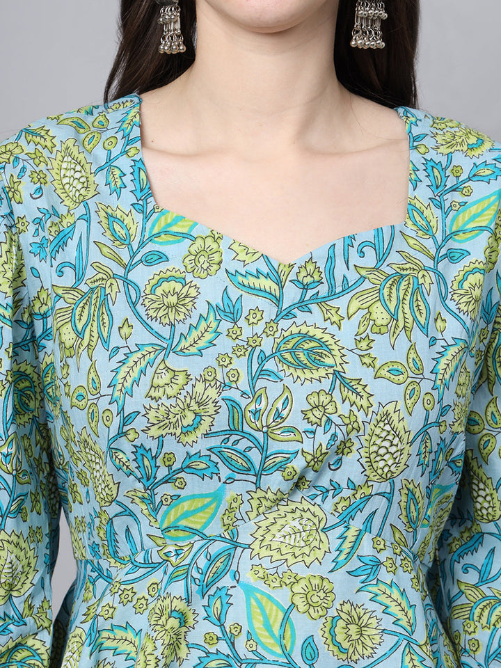 Teal-Green-&-Blue-Cotton-Floral-Printed-3-Piece-Kurta-Set