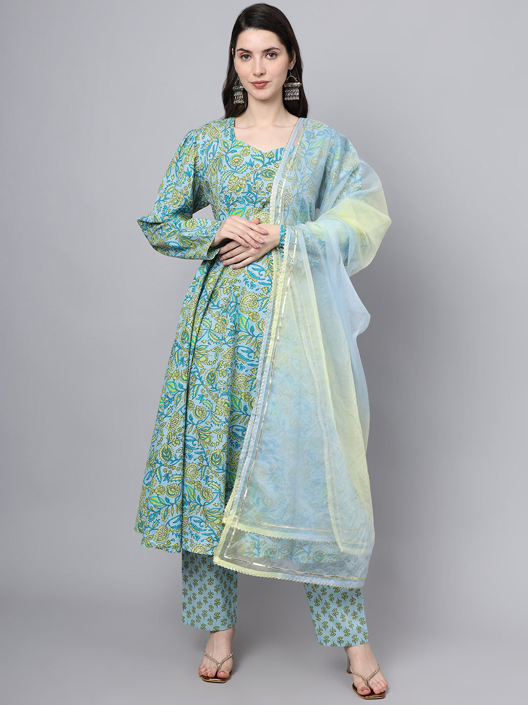 Teal-Green-&-Blue-Cotton-Floral-Printed-3-Piece-Kurta-Set
