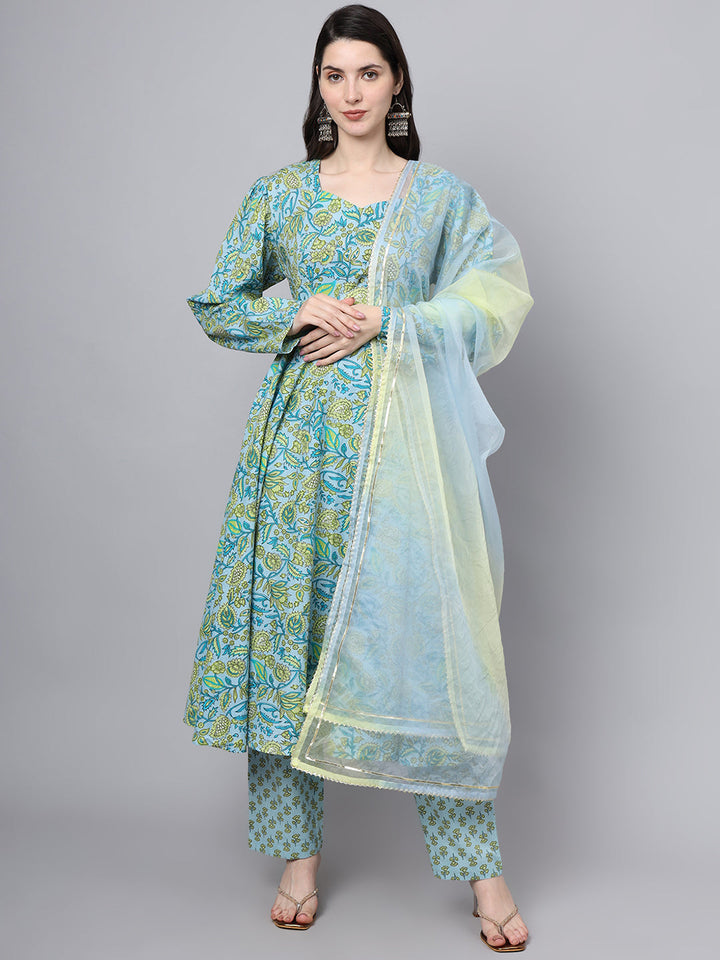 Teal-Green-&-Blue-Cotton-Floral-Printed-3-Piece-Kurta-Set