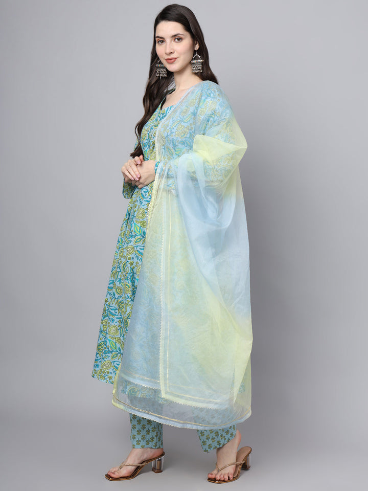 Teal-Green-&-Blue-Cotton-Floral-Printed-3-Piece-Kurta-Set