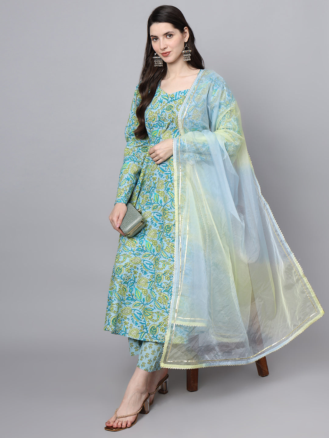 Teal-Green-&-Blue-Cotton-Floral-Printed-3-Piece-Kurta-Set