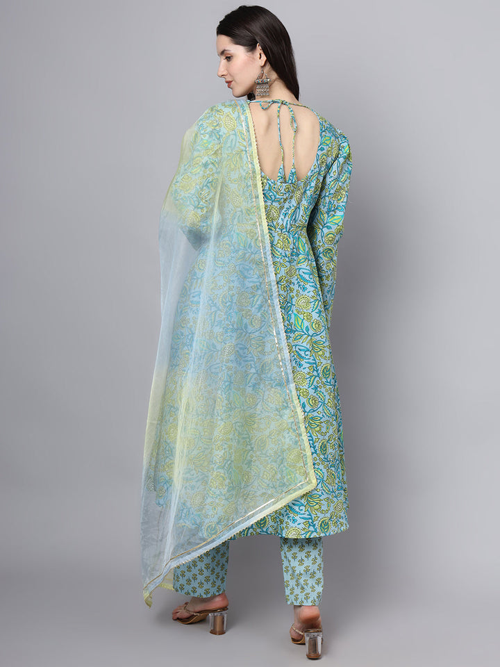 Teal-Green-&-Blue-Cotton-Floral-Printed-3-Piece-Kurta-Set