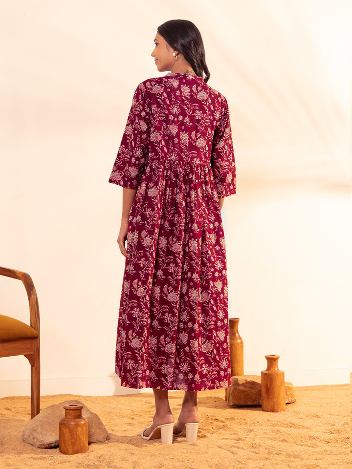 Maroon-Cotton-Floral-Printed-Dress