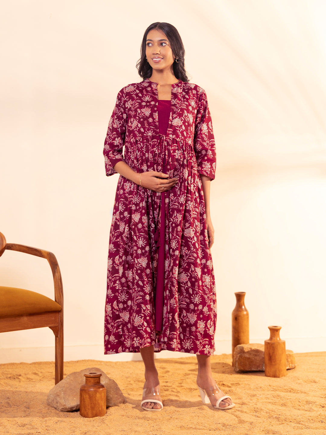 Maroon-Cotton-Floral-Printed-Dress