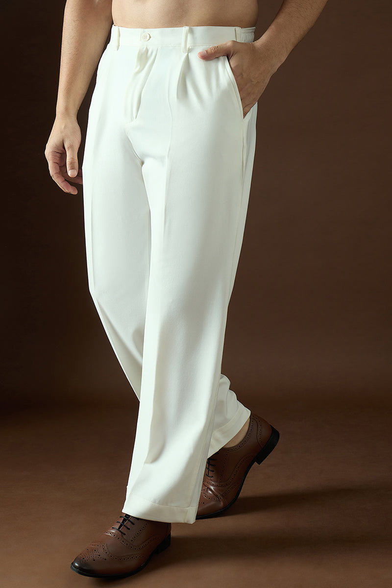Mens White Modal Solid Regular Korean Pant