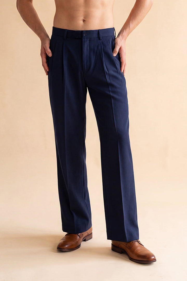 Mens Blue Modal Relaxed Straight Fit Pleated Trousers
