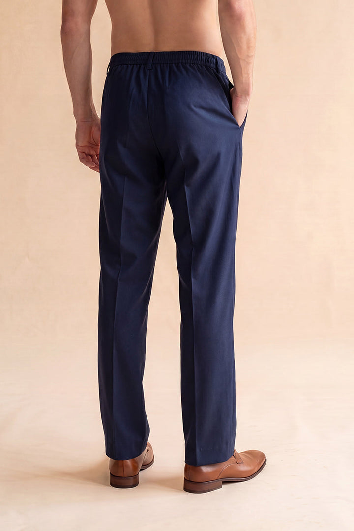 Mens Blue Modal Relaxed Straight Fit Pleated Trousers