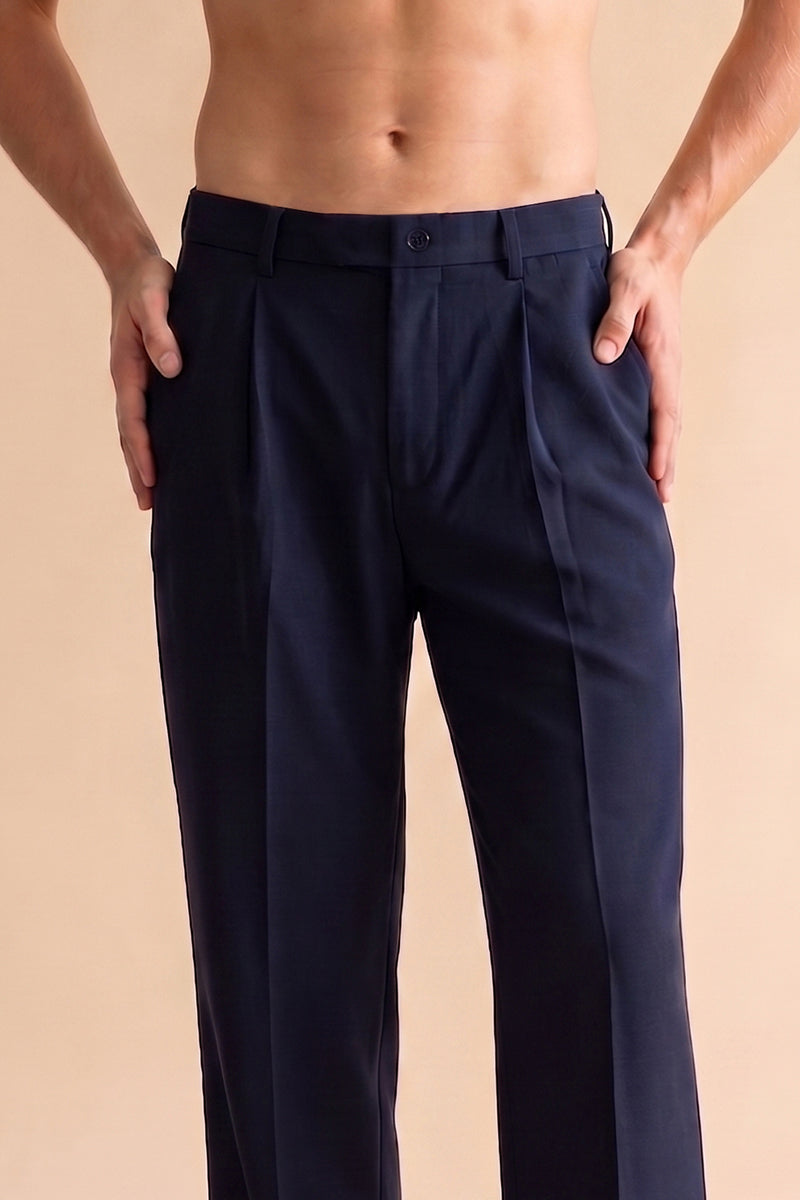 Mens Blue Modal Relaxed Straight Fit Pleated Trousers