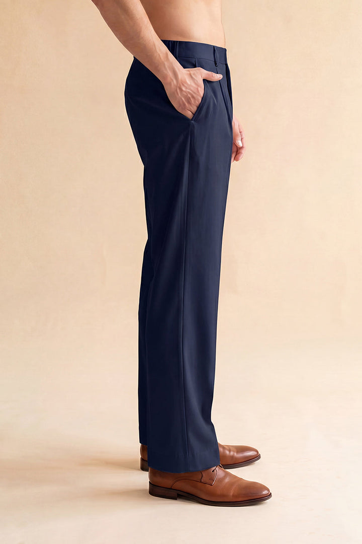 Mens Blue Modal Relaxed Straight Fit Pleated Trousers