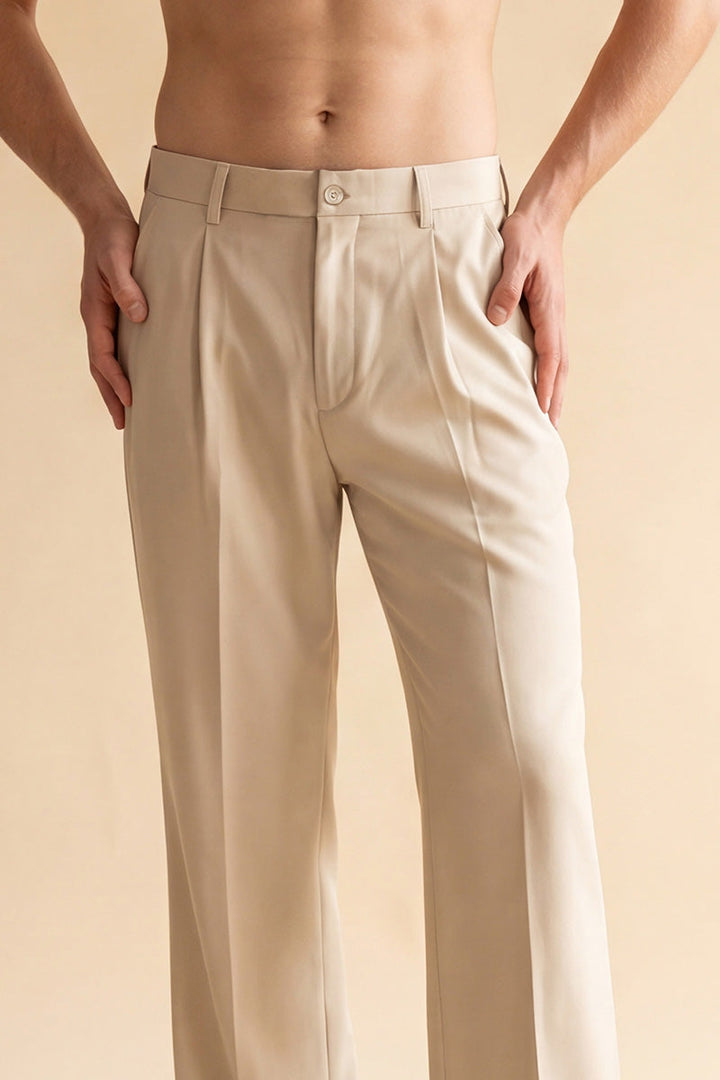 Mens Cream Modal Relaxed Straight Fit Pleated Trousers