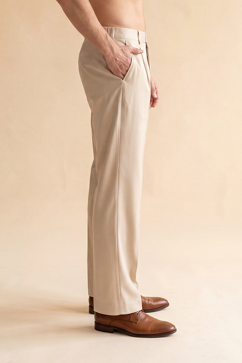 Mens Cream Modal Relaxed Straight Fit Pleated Trousers