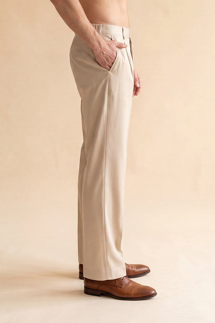 Mens Cream Modal Relaxed Straight Fit Pleated Trousers