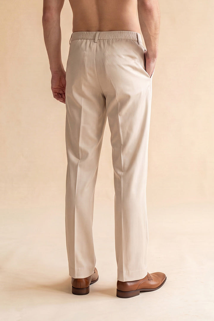 Mens Cream Modal Relaxed Straight Fit Pleated Trousers