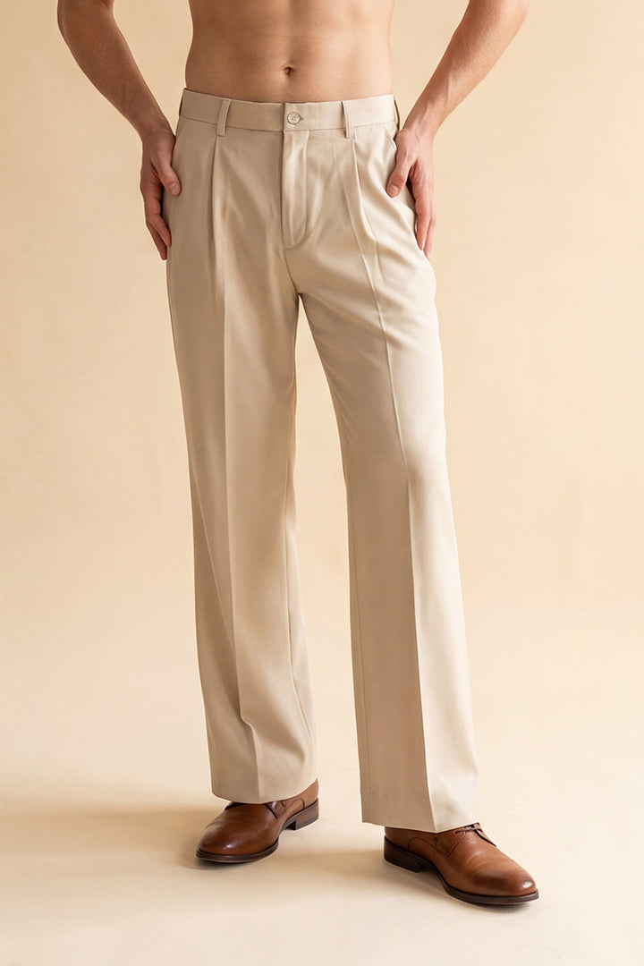 Mens Cream Modal Relaxed Straight Fit Pleated Trousers