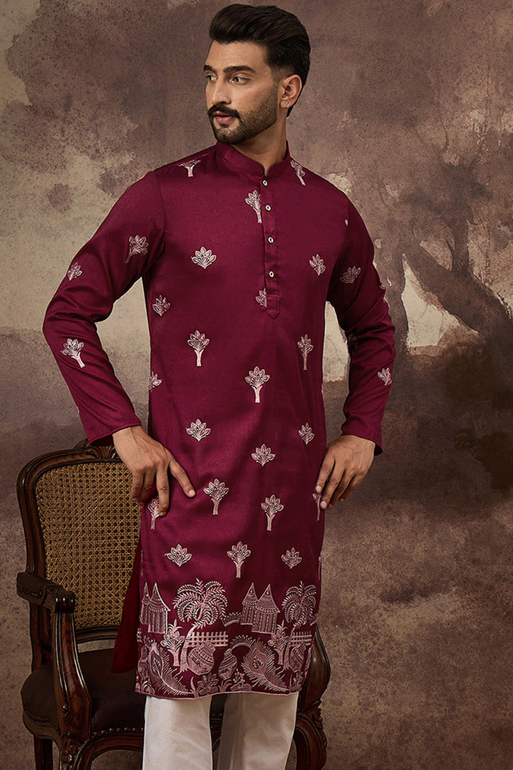 Mens Maroon Silk Blend Solid Embroidered Straight Kurta