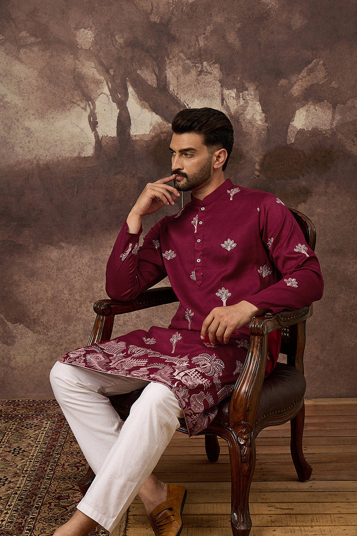 Mens Maroon Silk Blend Solid Embroidered Straight Kurta