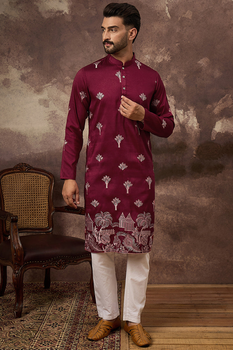 Mens Maroon Silk Blend Solid Embroidered Straight Kurta