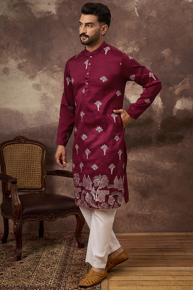 Mens Maroon Silk Blend Solid Embroidered Straight Kurta