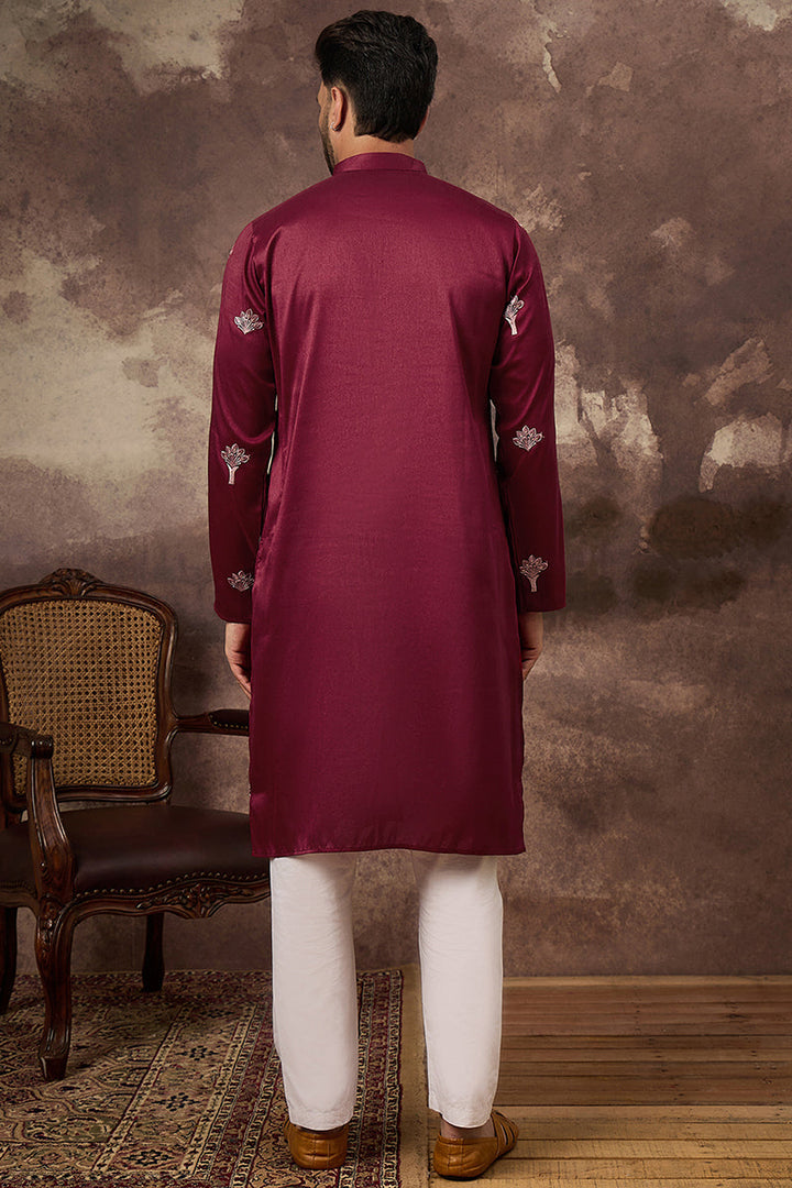 Mens Maroon Silk Blend Solid Embroidered Straight Kurta