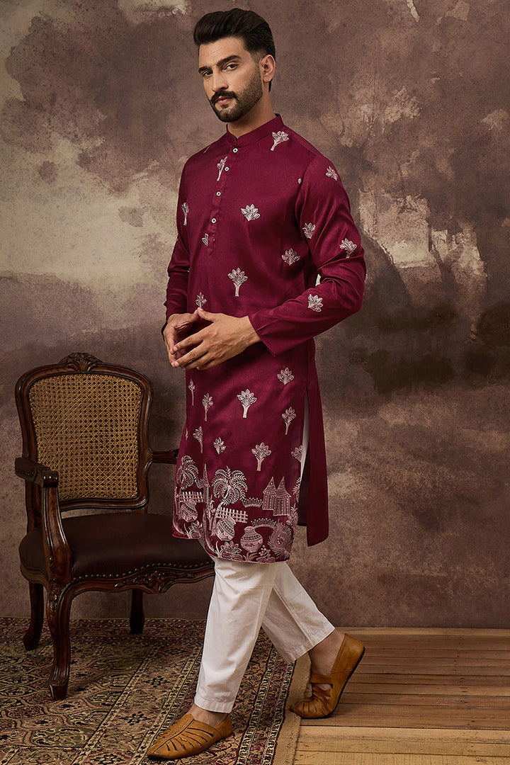 Mens Maroon Silk Blend Solid Embroidered Straight Kurta