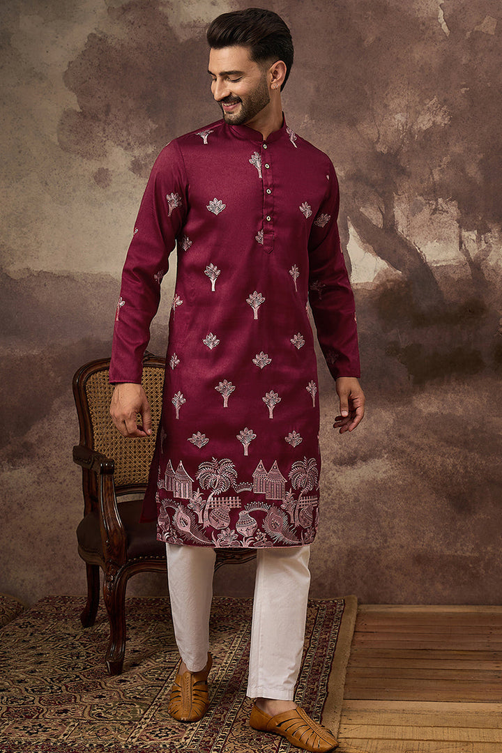 Mens Maroon Silk Blend Solid Embroidered Straight Kurta