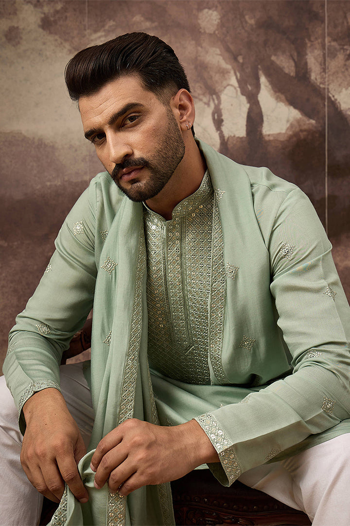 Mens Green Silk Blend Embroidered Straight Kurta Trouser with Dupatta