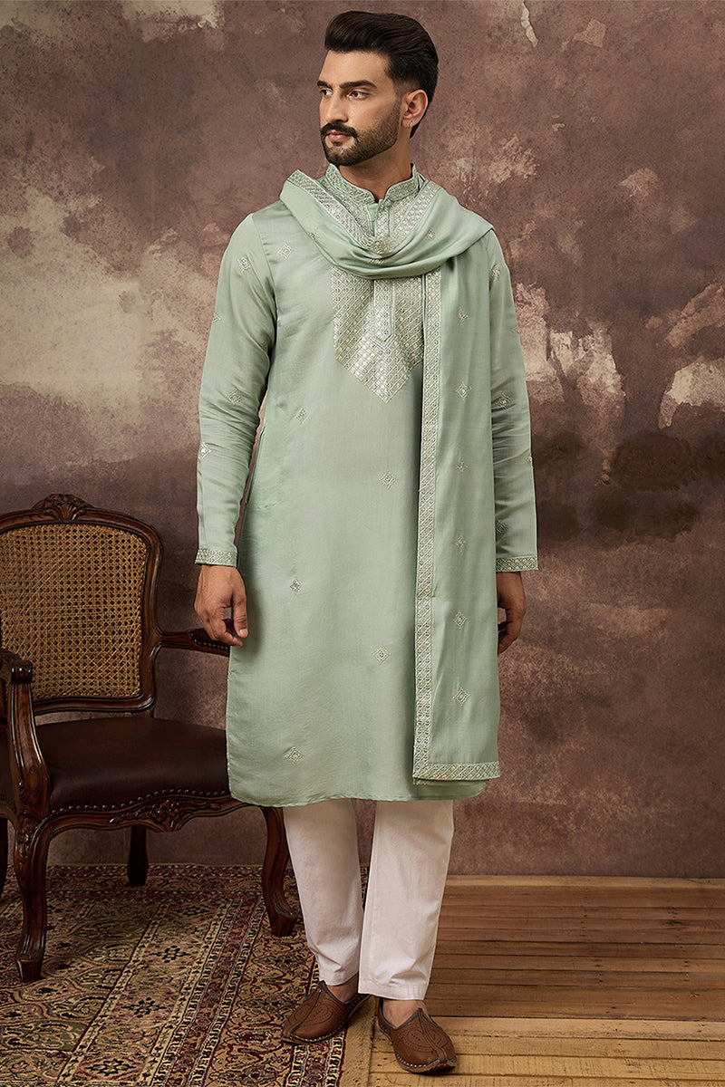 Mens Green Silk Blend Embroidered Straight Kurta Trouser with Dupatta