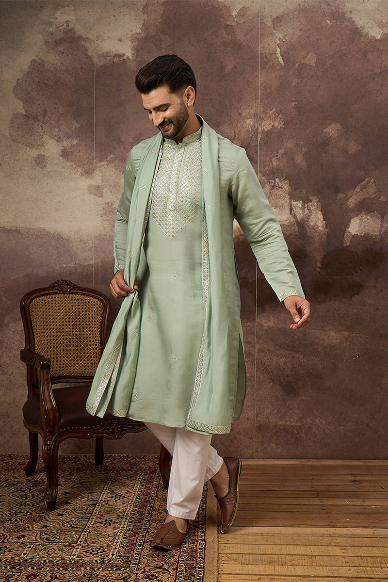 Mens Green Silk Blend Embroidered Straight Kurta Trouser with Dupatta