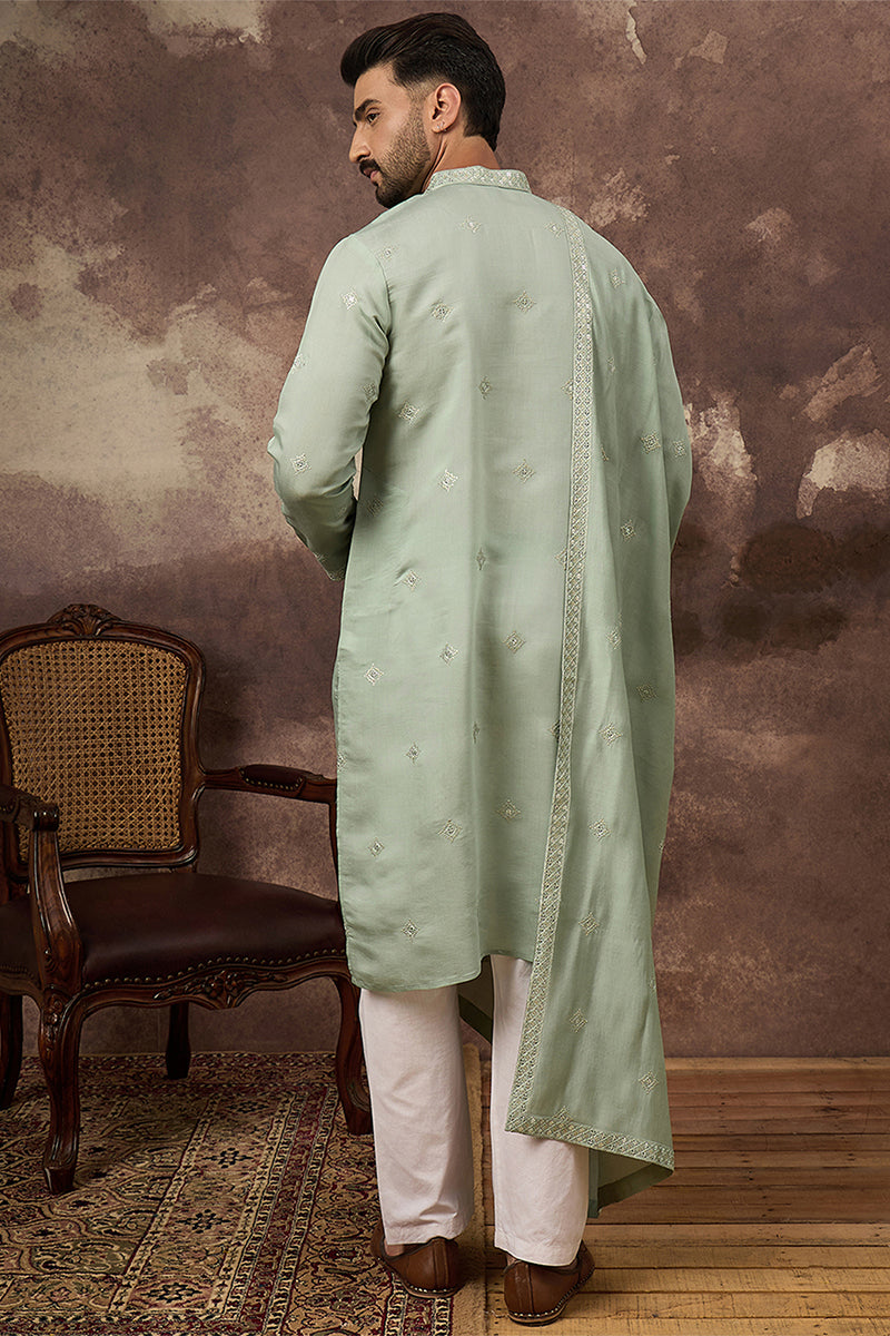 Mens Green Silk Blend Embroidered Straight Kurta Trouser with Dupatta