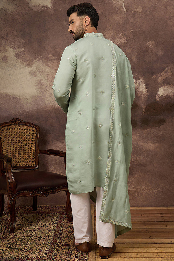 Mens Green Silk Blend Embroidered Straight Kurta Trouser with Dupatta