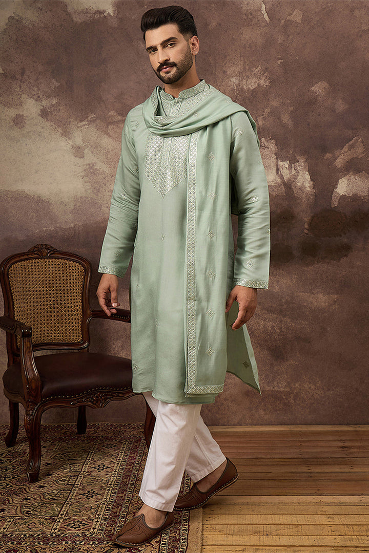 Mens Green Silk Blend Embroidered Straight Kurta Trouser with Dupatta
