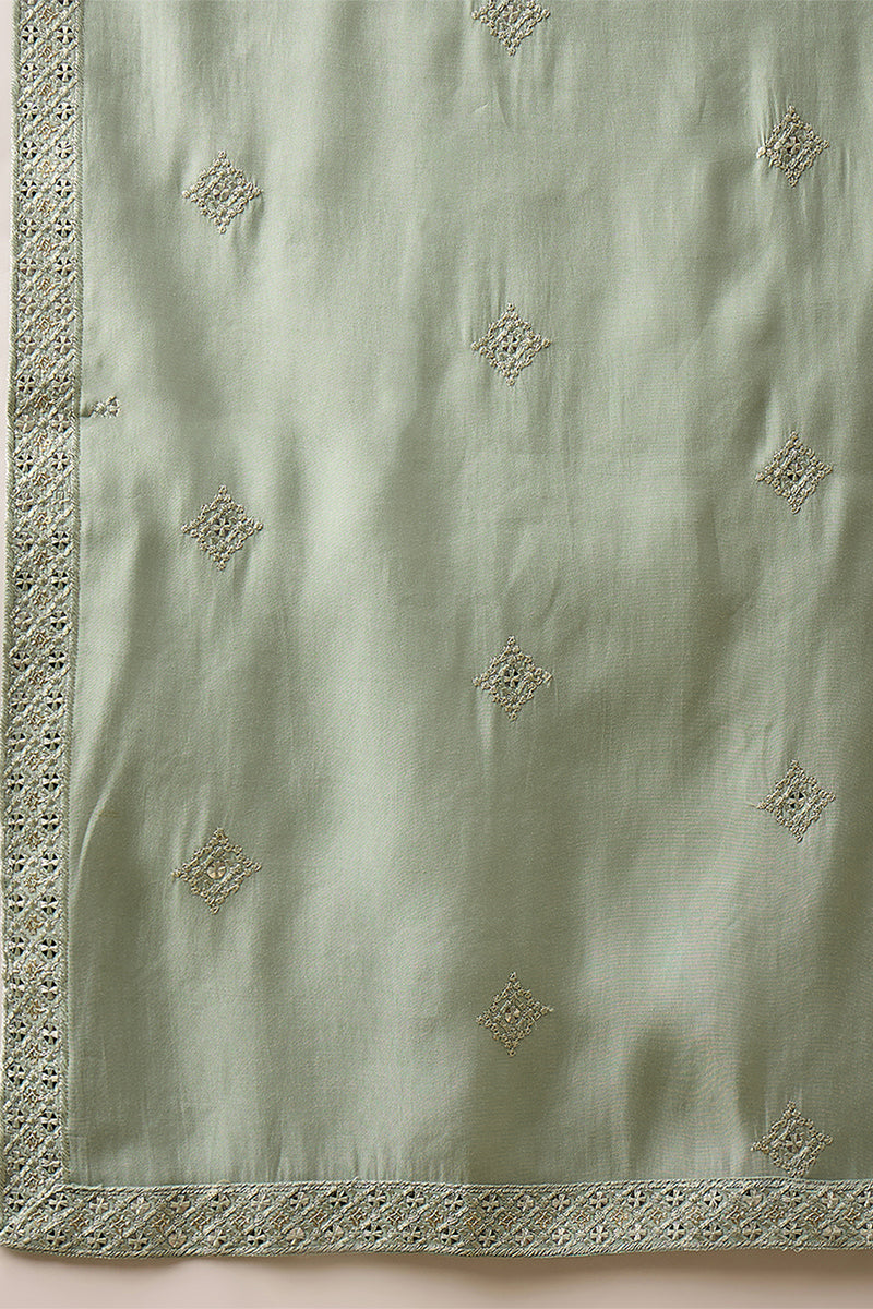 Mens Green Silk Blend Embroidered Straight Kurta Trouser with Dupatta