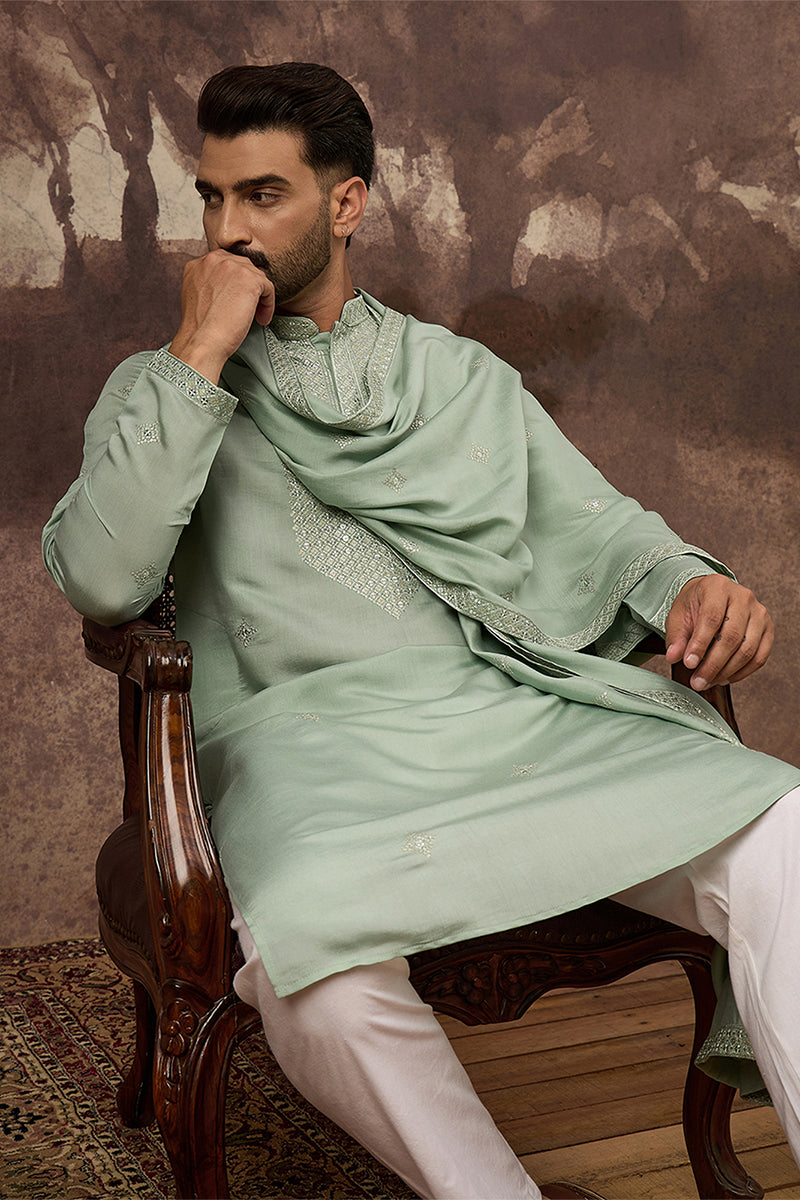 Mens Green Silk Blend Embroidered Straight Kurta Trouser with Dupatta