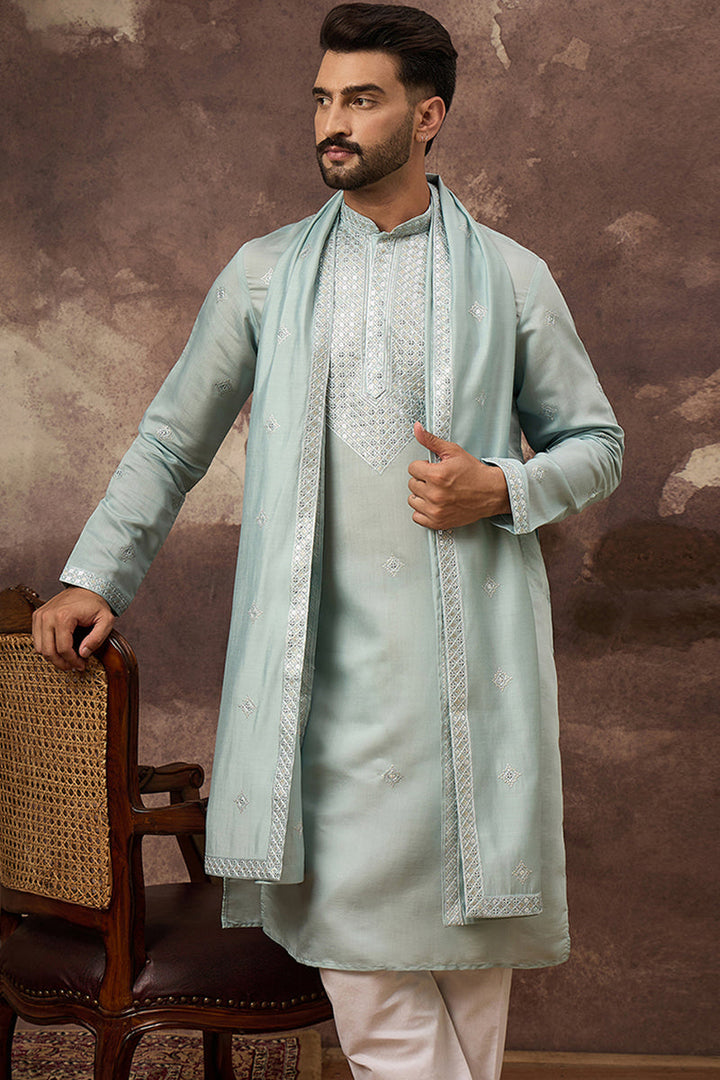 Mens Blue Silk Blend Embroidered Straight Kurta Trouser with Dupatta
