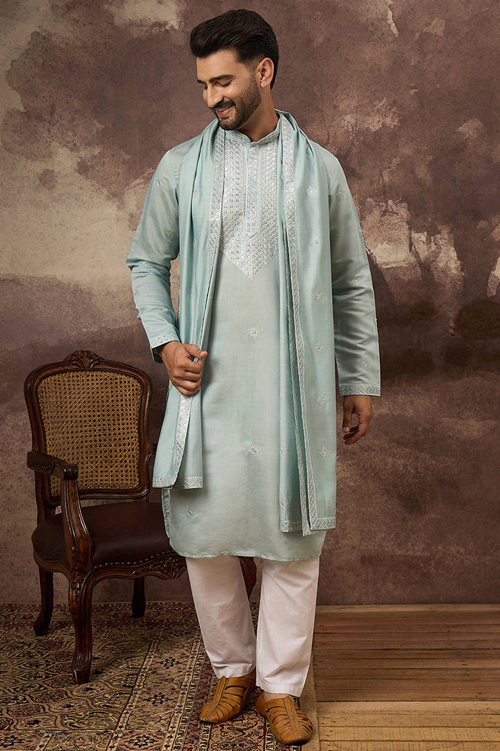 Mens Blue Silk Blend Embroidered Straight Kurta Trouser with Dupatta