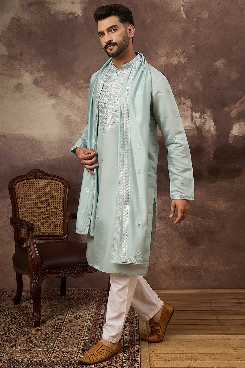 Mens Blue Silk Blend Embroidered Straight Kurta Trouser with Dupatta