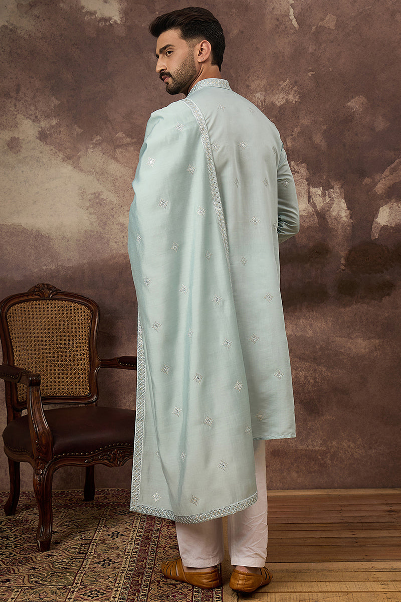 Mens Blue Silk Blend Embroidered Straight Kurta Trouser with Dupatta