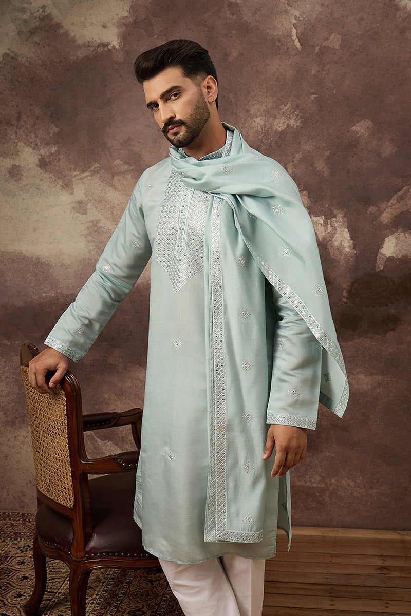 Mens Blue Silk Blend Embroidered Straight Kurta Trouser with Dupatta