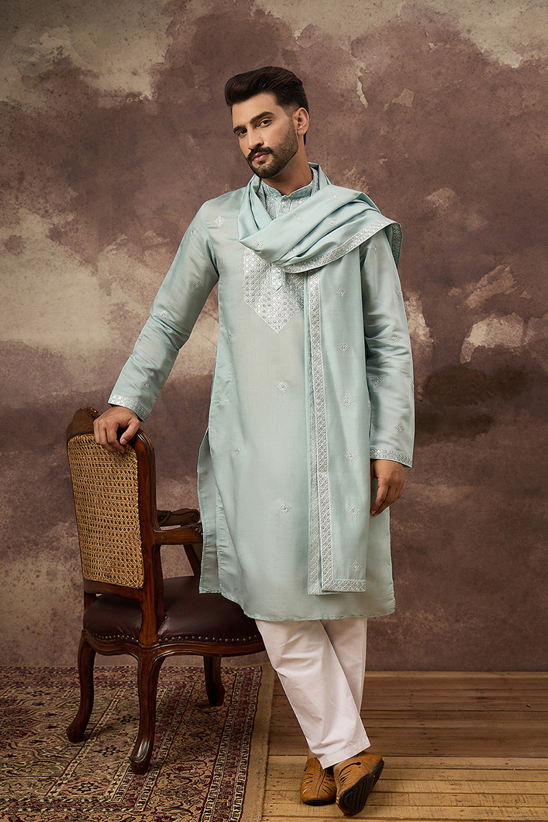 Mens Blue Silk Blend Embroidered Straight Kurta Trouser with Dupatta