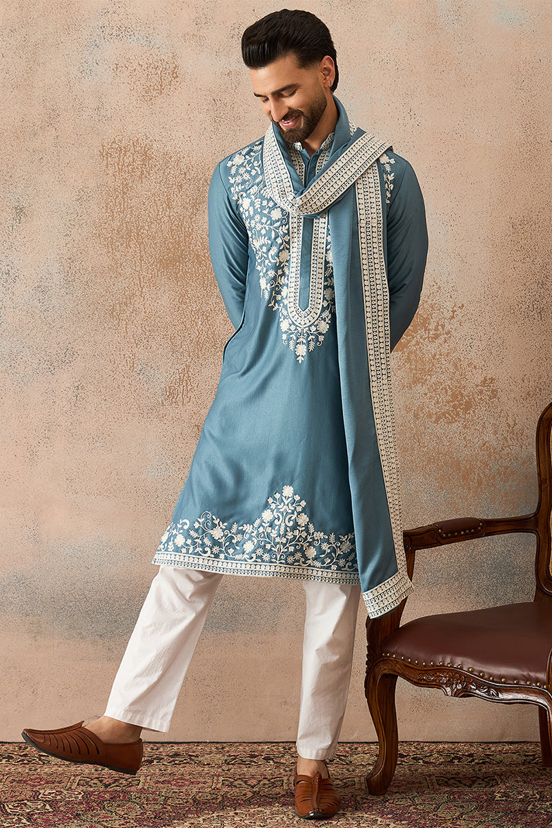 Mens Blue Silk Blend Woven Design Floral Straight Kurta with Dupatta