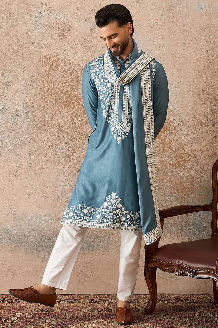 Mens Blue Silk Blend Woven Design Floral Straight Kurta with Dupatta